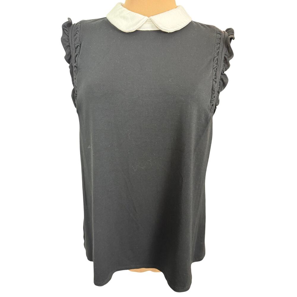 CeCe Black Peter Pan Collar Ruffle Sleeve Top Women’s L Contrast Trim Blouse